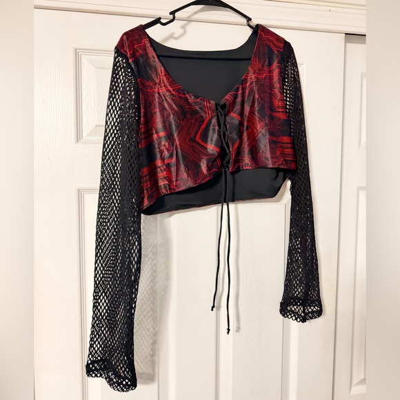 iHeartRaves Tops - iHeartRaves Red & Black Mesh Sleeve Tie-Front Crop Top